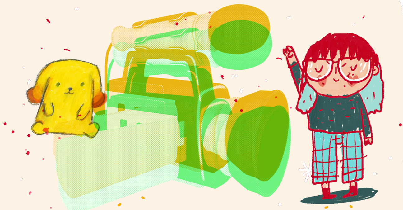 Una ilustración con una niña, un perrito y unos dibujos, muy sutiles, de una cámara de video y un micrófono. 